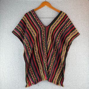 Artisanal Multicolor Striped Geometric Knit Unisex L Hippie Retro Lightweight